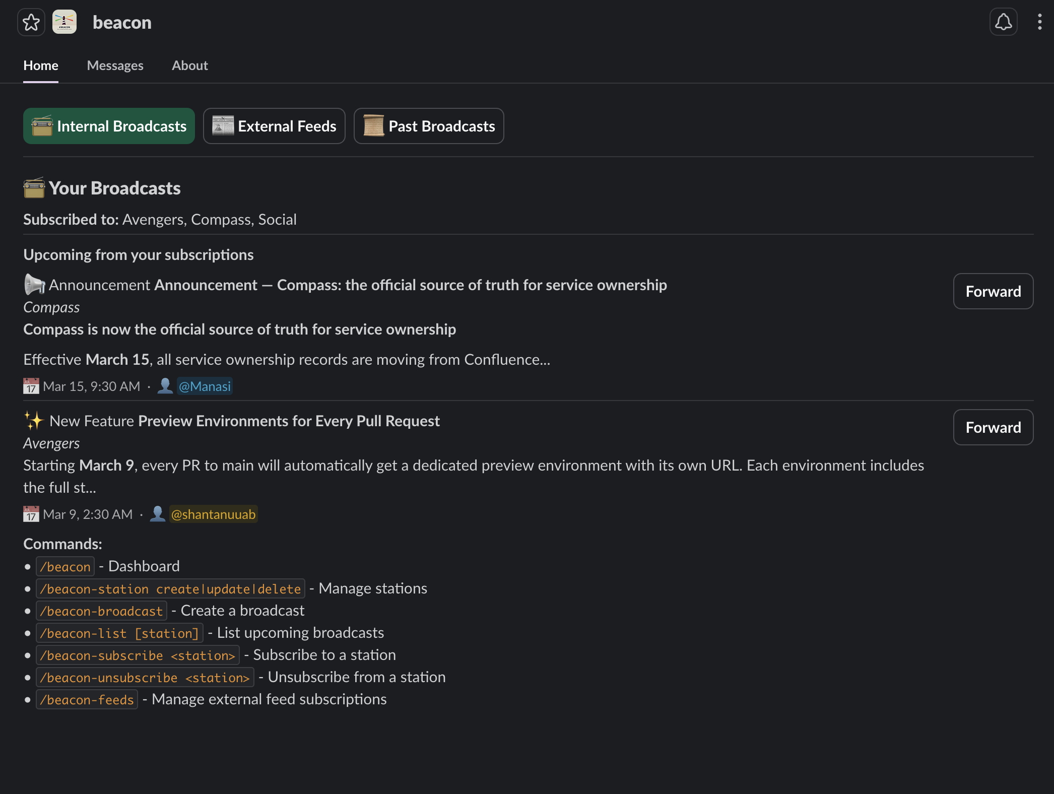 Beacon App Home dashboard showing internal broadcasts