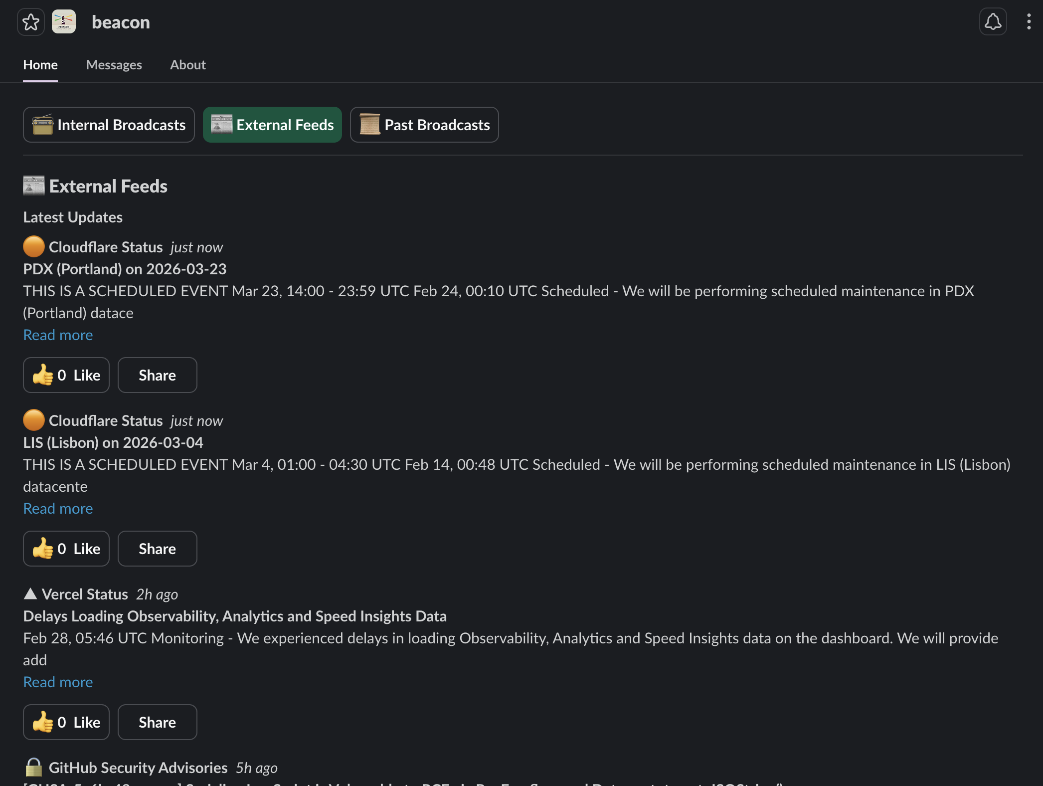 External feed messages in Beacon