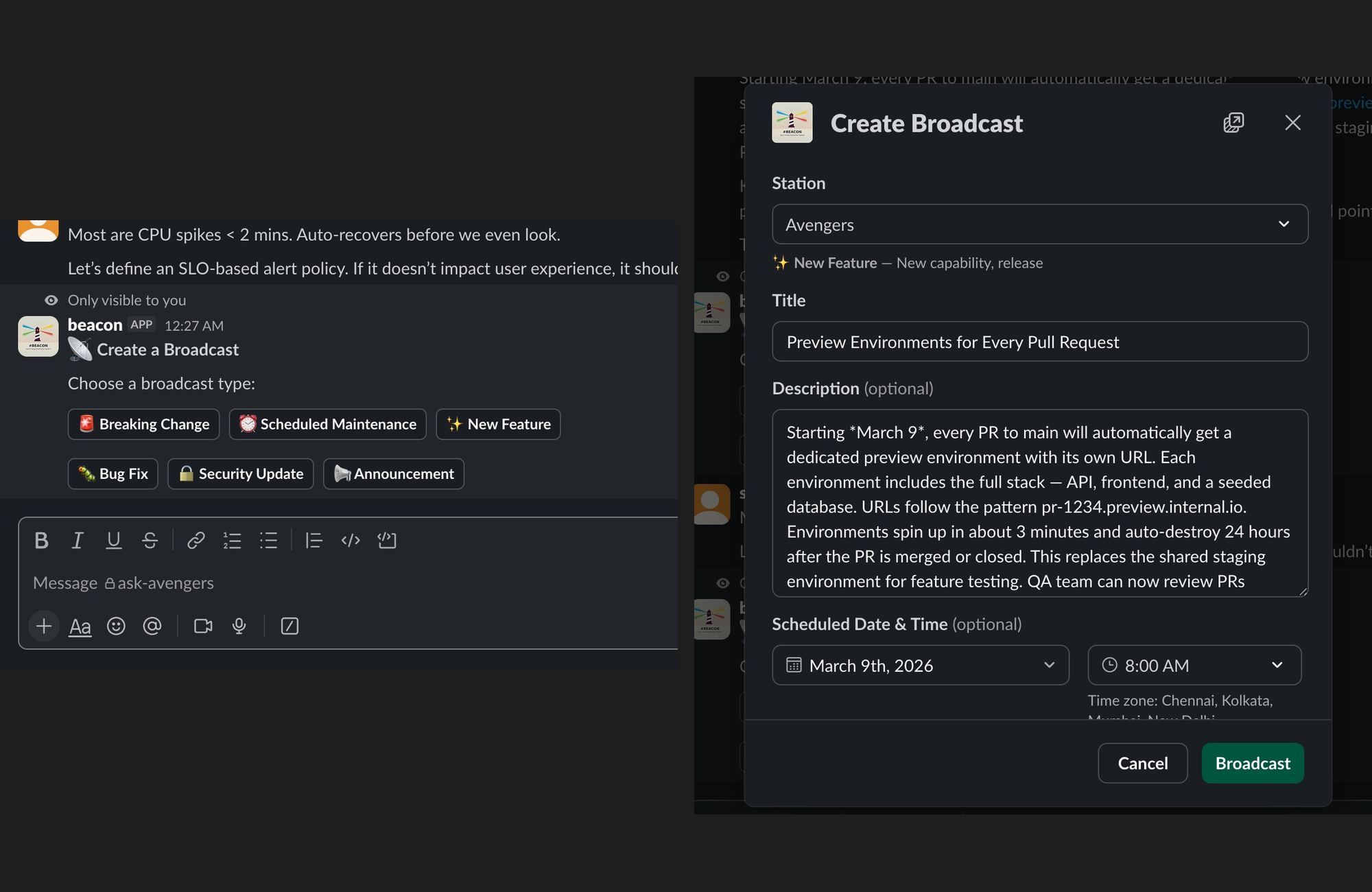 Compose Broadcast modal in Slack