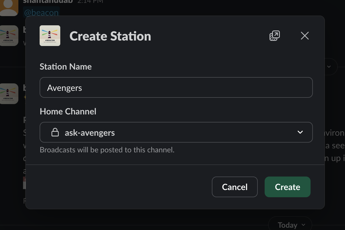 Create Station modal in Slack